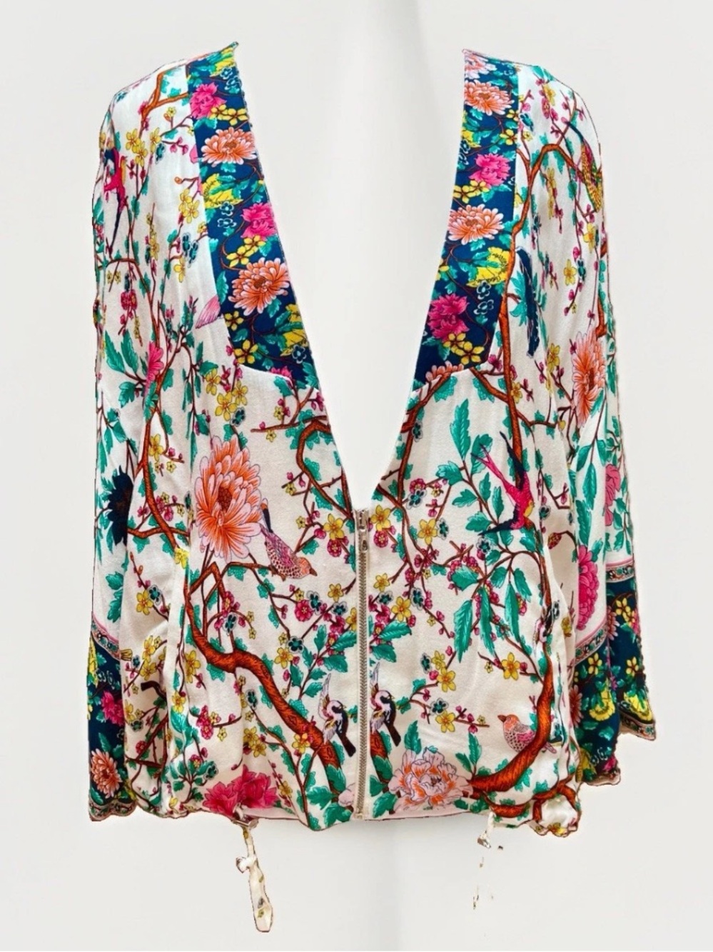 ZARA Floral Bird Print Bomber Jacket Kimono Zip Blouse Boho Festival Size Large